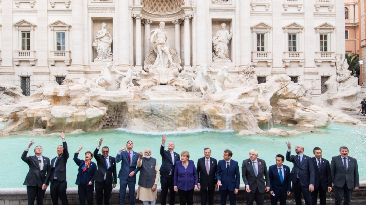 Pictured: World leaders convene at the Trevi Fountain, minus attendees from China and Russia, who dialled in virtually. Image: G20